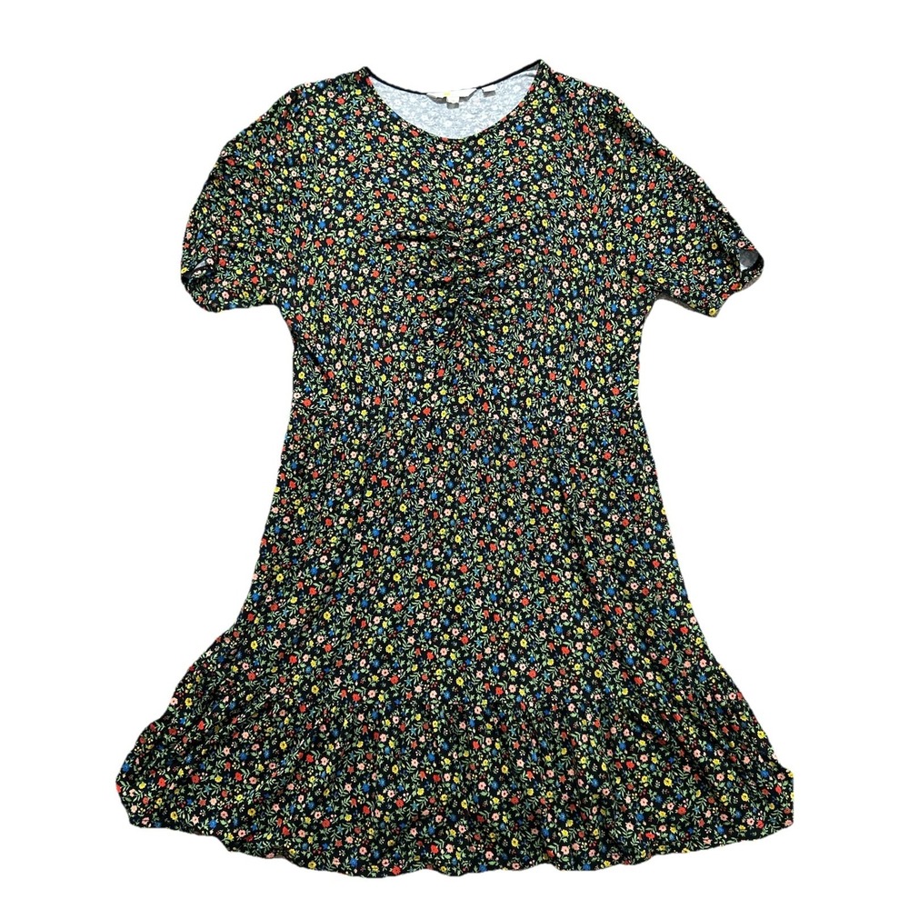 BODEN Women's US 16/18 Ruched Bust Mini Jersey Dress Black/Multi Floral